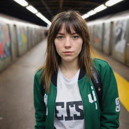 casual photograpy medium body, race team jacket, sneakers, female , 23 year old with green eyes and black long hai with withe streaks in the bangs .,freckles, selfie, graffiti background subway, medium distance shot, 4k hd,  --styerw--v 5.2 ar 2-3