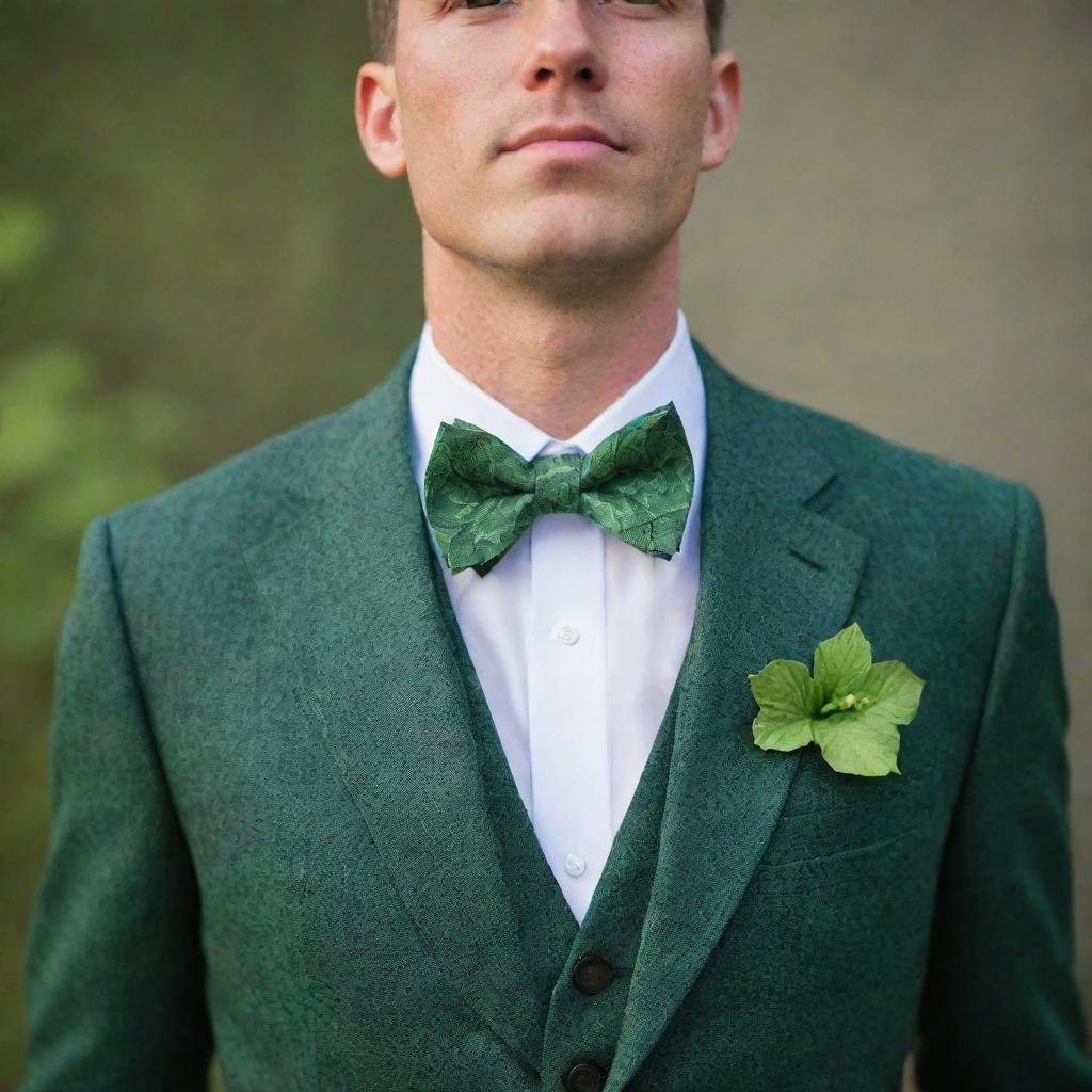 A man wearing a bark-textured tie around his collar, adorned with an intricately designed bow tie imitating a vibrant green hibiscus leaf. The traditional bow is replaced by a nature-inspired leaf shape.