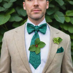 A man wearing a bark-textured tie around his collar, adorned with an intricately designed bow tie imitating a vibrant green hibiscus leaf. The traditional bow is replaced by a nature-inspired leaf shape.