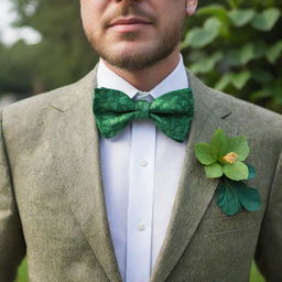 A man wearing a bark-textured tie around his collar, adorned with an intricately designed bow tie imitating a vibrant green hibiscus leaf. The traditional bow is replaced by a nature-inspired leaf shape.