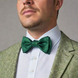 A man wearing a bark-textured tie around his collar, adorned with an intricately designed bow tie imitating a vibrant green hibiscus leaf. The traditional bow is replaced by a nature-inspired leaf shape.