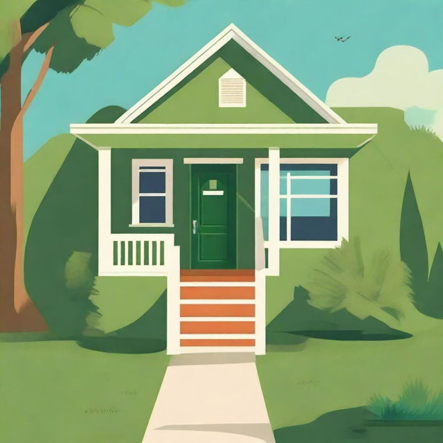 A young adult book cover featuring an olive green, two-level suburban house with a green lawn and a blue sunny sky