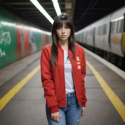 casual photograpy medium body, ferrari race team jacket, sneakers, female , 23 year old with green eyes and black long hai with withe streaks in the bangs .,freckles, selfie, graffiti background subway, medium distance shot, 4k hd,  --styerw--v 5.2 ar 2-3