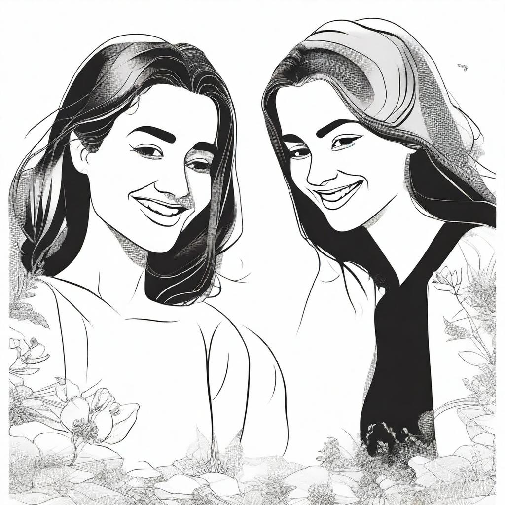 Create a black and white cover featuring illustrations of female friends