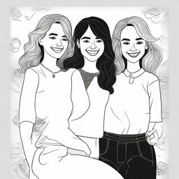 Create a black and white cover featuring illustrations of female friends