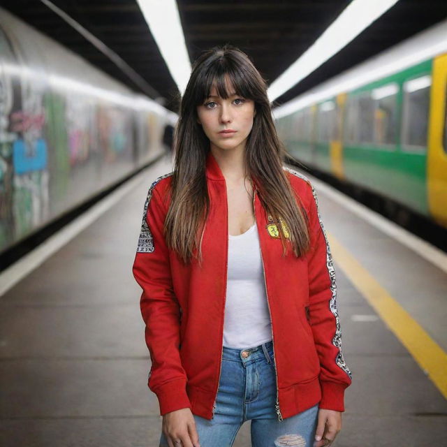 casual photograpy medium body, ferrari race team jacket, sneakers, female , 23 year old with green eyes and black long hai with withe streaks in the bangs .,freckles, selfie, graffiti background subway, medium distance shot, 4k hd,  --styerw--v 5.2 ar 2-3