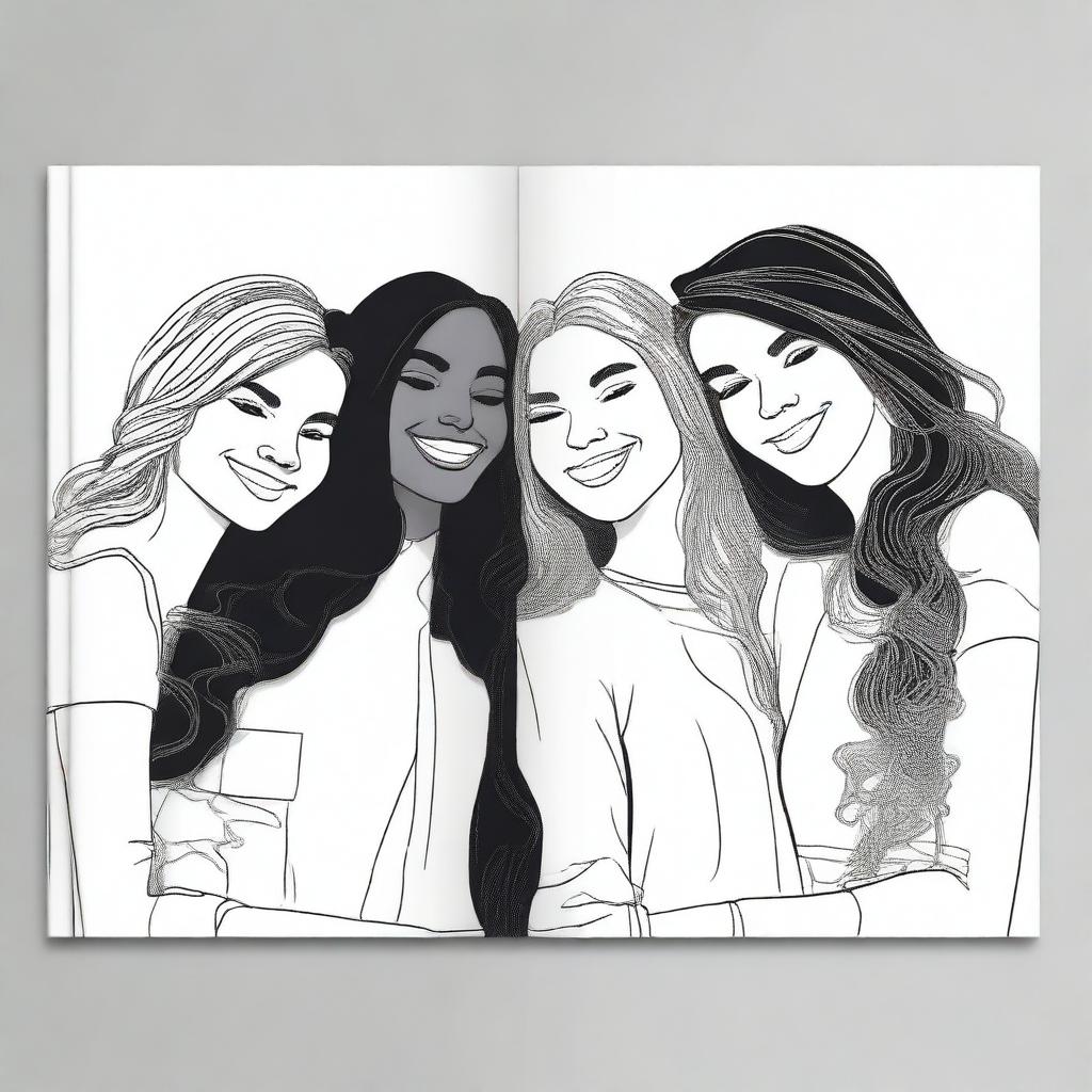 Create a black and white cover featuring illustrations of five female friends