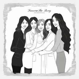 Create a black and white cover featuring illustrations of five female friends