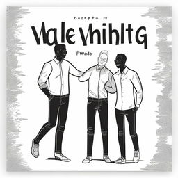 Create a black and white cover featuring illustrations of male friends