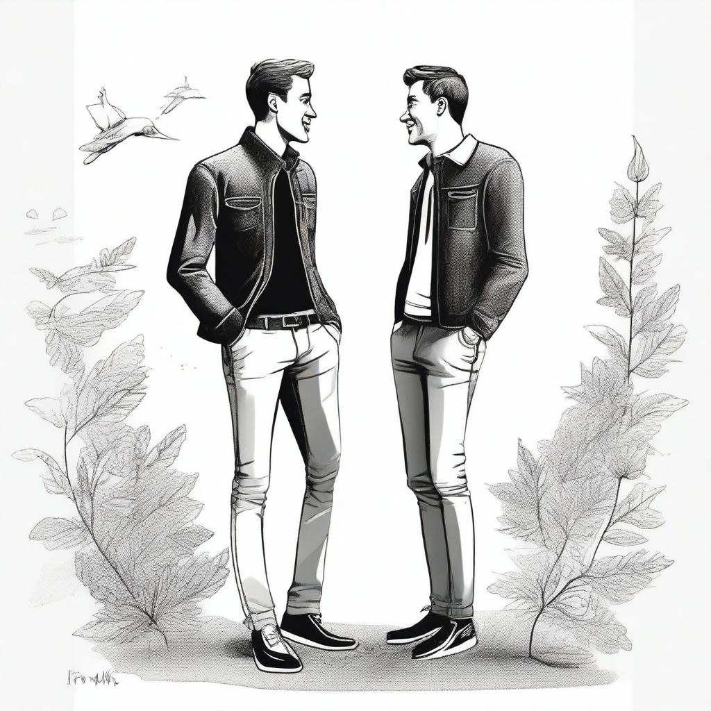 Create a black and white cover featuring illustrations of male friends