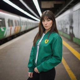 casual photograpy medium body, ferrari race team jacket, sneakers, female , 23 year old with green eyes and black long hai with withe streaks in the bangs .,freckles, selfie, graffiti background subway, medium distance shot, 4k hd,  --styerw--v 5.2 ar 2-3