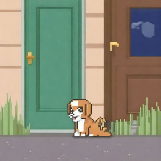 A pixel art representation of a cute dog sitting on the floor in front of an open door