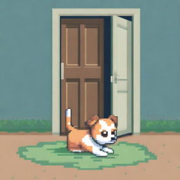 A pixel art representation of a cute dog sitting on the floor in front of an open door