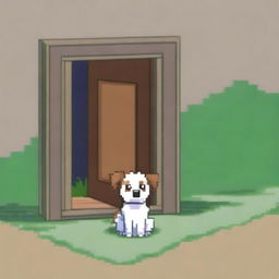 A pixel art representation of a cute dog sitting on the floor in front of an open door