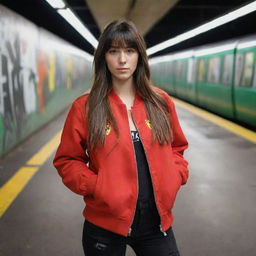 casual photograpy medium body, ferrari race team jacket, sneakers, female , 23 year old with green eyes and black long hai with withe streaks in the bangs .,freckles, selfie, graffiti background subway, medium distance shot, 4k hd,  --styerw--v 5.2 ar 2-3