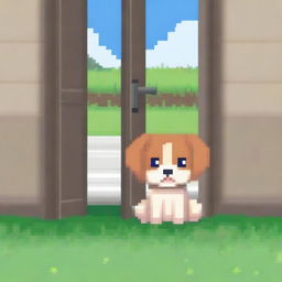 A pixel art representation of a cute dog sitting on the floor in front of an open door