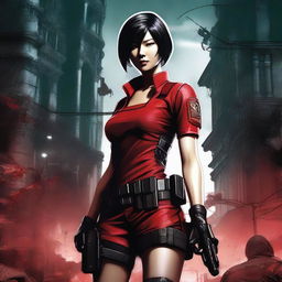 A detailed illustration of Ada Wong, the iconic character from the Resident Evil series, showcasing her in her signature red dress and tactical gear, set against a dark, eerie backdrop reminiscent of the game's atmosphere