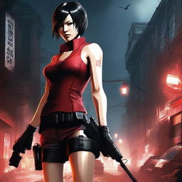 A detailed illustration of Ada Wong, the iconic character from the Resident Evil series, showcasing her in her signature red dress and tactical gear, set against a dark, eerie backdrop reminiscent of the game's atmosphere