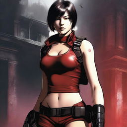 A detailed illustration of Ada Wong, the iconic character from the Resident Evil series, showcasing her in her signature red dress and tactical gear, set against a dark, eerie backdrop reminiscent of the game's atmosphere