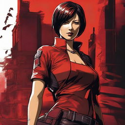 A detailed illustration of Ada Wong, the iconic character from the Resident Evil series, showcasing her in her signature red dress and tactical gear, set against a dark, eerie backdrop reminiscent of the game's atmosphere