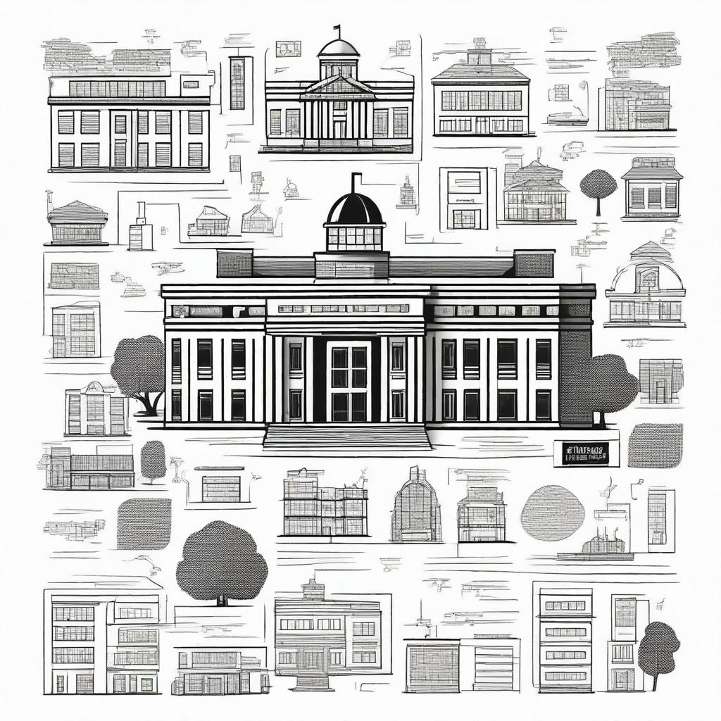 Create a black and white cover featuring illustrations of schools