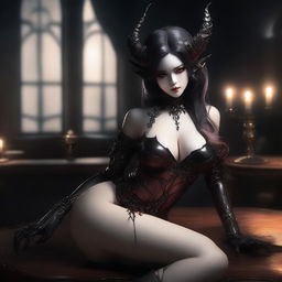 A seductive demon girl with alluring features, sitting provocatively on a table