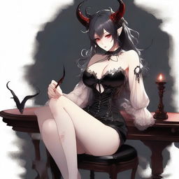 A seductive demon girl with alluring features, sitting provocatively on a table