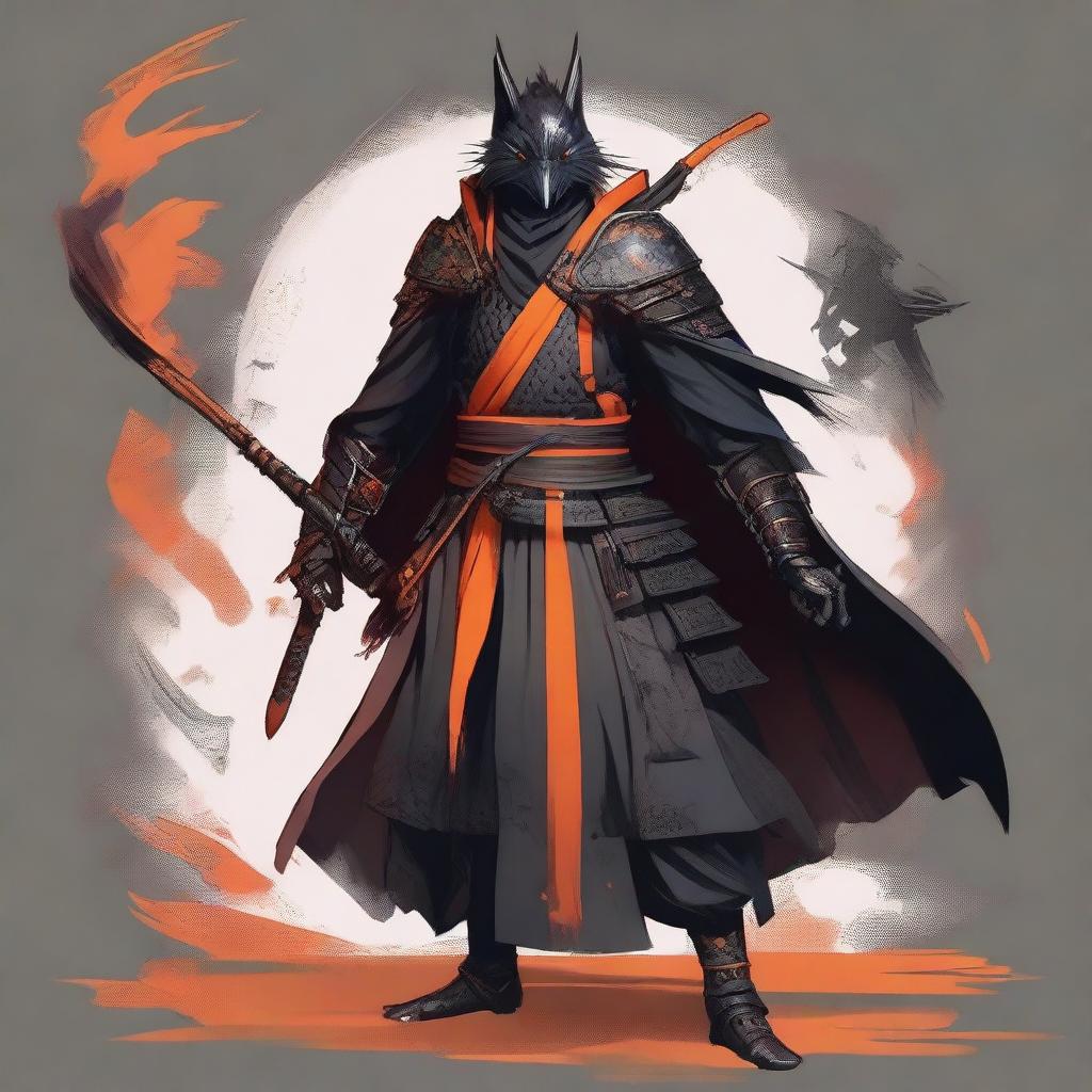 A Shadar-Kai samurai warlock wearing black samurai armor accented in orange