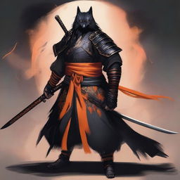 A Shadar-Kai samurai warlock wearing black samurai armor accented in orange