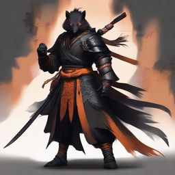 A Shadar-Kai samurai warlock wearing black samurai armor accented in orange