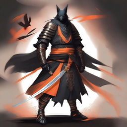 A Shadar-Kai samurai warlock wearing black samurai armor accented in orange