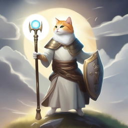 A Cat Folk light cleric wielding a shield and a flail