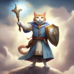 A Cat Folk light cleric wielding a shield and a flail