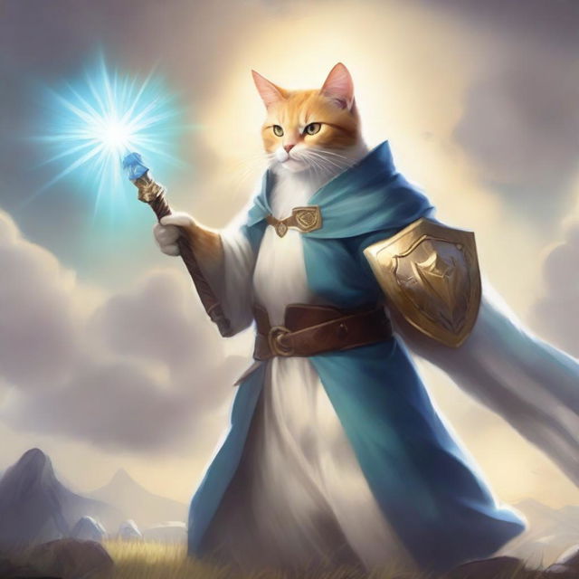 A Cat Folk light cleric wielding a shield and a flail