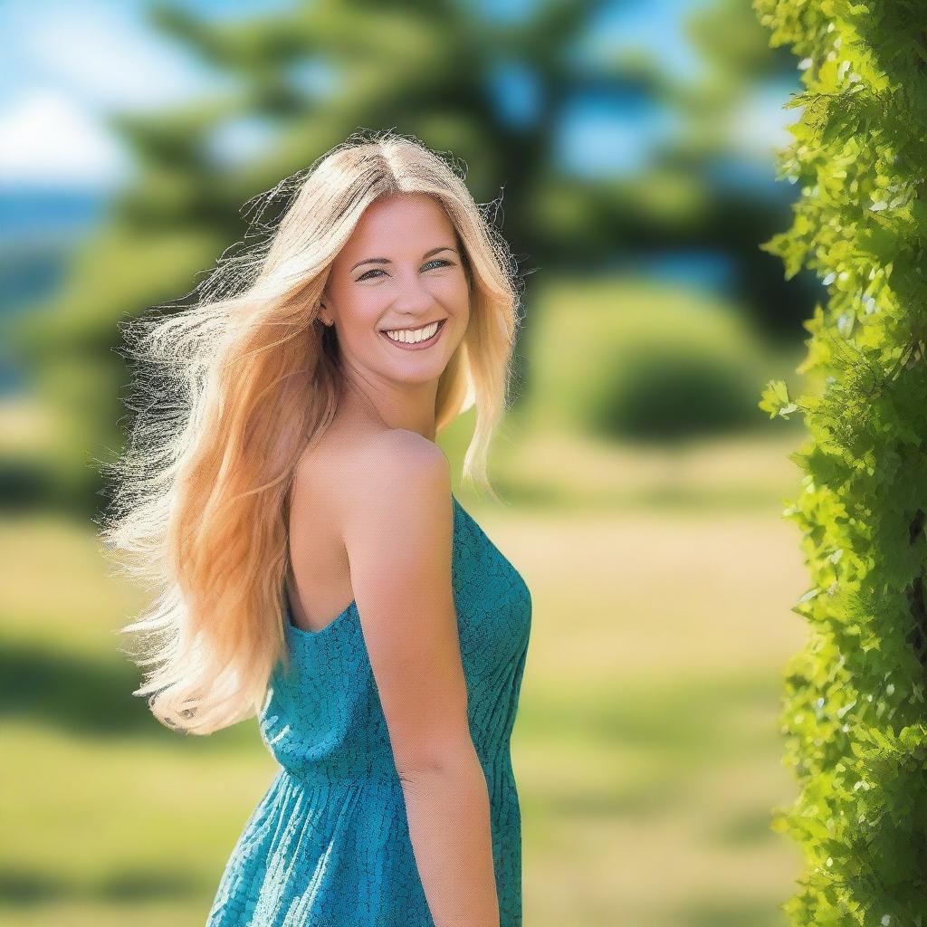 A beautiful blonde woman with long flowing hair, wearing a stylish dress