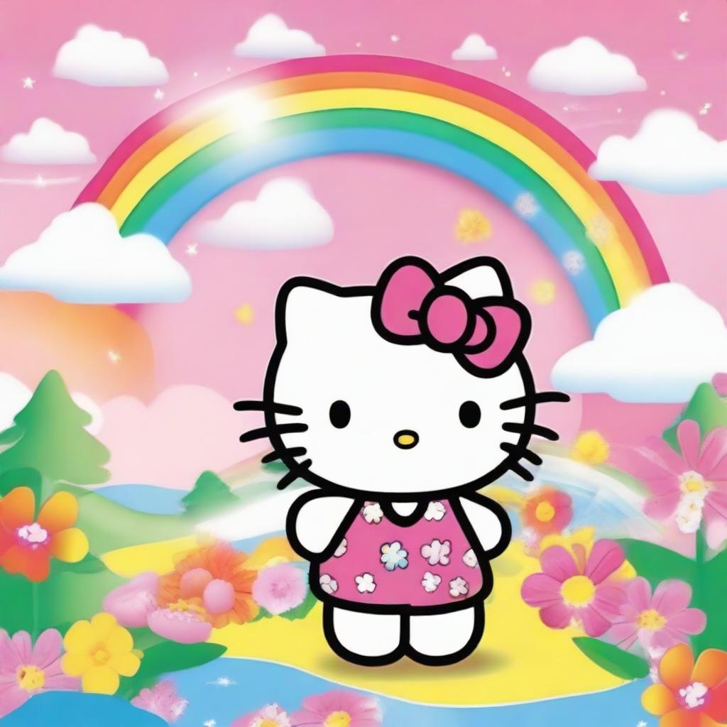 Create an image featuring Hello Kitty in a cute and colorful setting, surrounded by flowers and rainbows