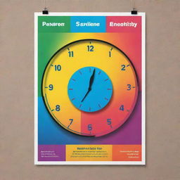 Design a captivating poster encouraging punctuality. Include striking imagery and persuasive text highlighting the importance of being on time. Use vibrant colors and engaging elements to catch the viewer's attention and promote respect for schedules.