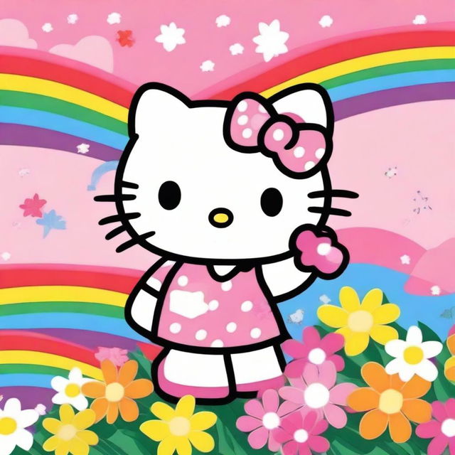 Create an image featuring Hello Kitty in a cute and colorful setting, surrounded by flowers and rainbows