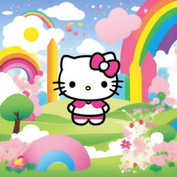 Create an image featuring Hello Kitty in a cute and colorful setting, surrounded by flowers and rainbows