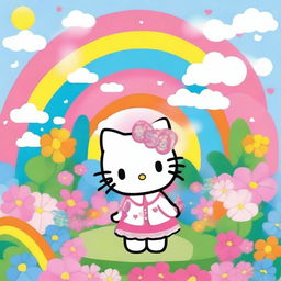 Create an image featuring Hello Kitty in a cute and colorful setting, surrounded by flowers and rainbows