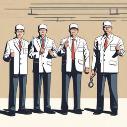 Create an image of four supervisors in a Vietnamese shoe factory