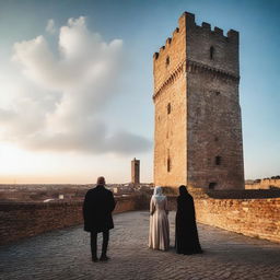 Um homem e uma mulher estão olhando para uma cidade com muros altos e uma torre de vigia