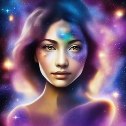 A woman with cosmic starry eyes, her gaze filled with the wonders of the universe