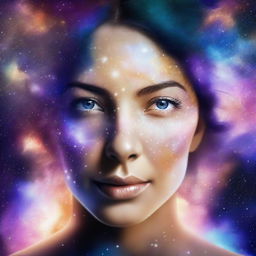 A woman with cosmic starry eyes, her gaze filled with the wonders of the universe