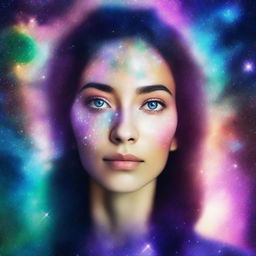 A woman with cosmic starry eyes, her gaze filled with the wonders of the universe