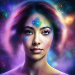 A woman with cosmic starry eyes, her gaze filled with the wonders of the universe