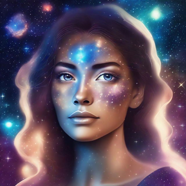 A woman with cosmic starry eyes looking up at the stars