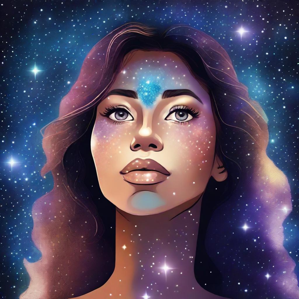 A woman with cosmic starry eyes looking up at the starry sky