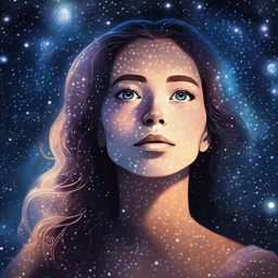 A woman with cosmic starry eyes looking up at the starry sky