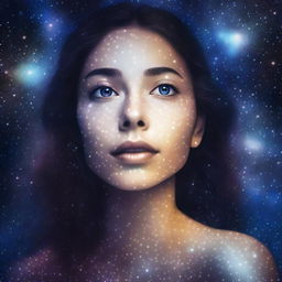 A woman with cosmic starry eyes looking up at the starry sky